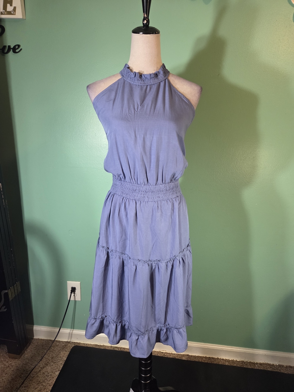 Sleeveless Ruffled Halter Midi Dress in Lavender Blue